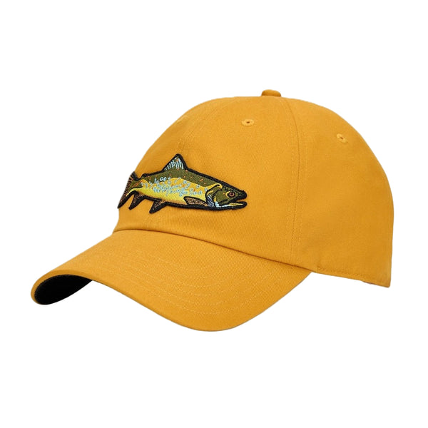 Simms Single Hauls Cap in amaretto with rainbow trout patch on a white background.