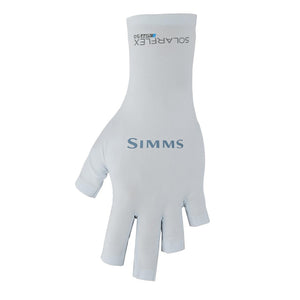 The back of a light blue Simms SolarFlex UPF 50+ sun glove, designed for fishing and other outdoor activities, featuring half-finger style with open palm and extended length at the wrist, against a white background.