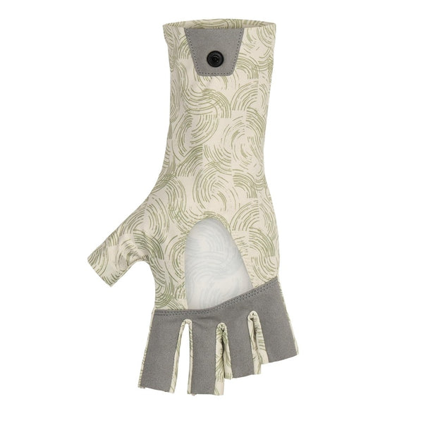 Simms SolarFlex UPF 50+ Sun Gloves in half moon pale pine print showing the palm of the hand and reinforced finger areas on a white background.