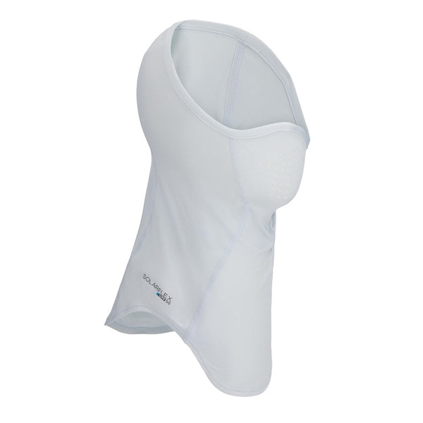 Simms SolarFlex UPF 50+ SunGaiter for covering neck, face and head while fishing, in solid bimini blue on a white background.