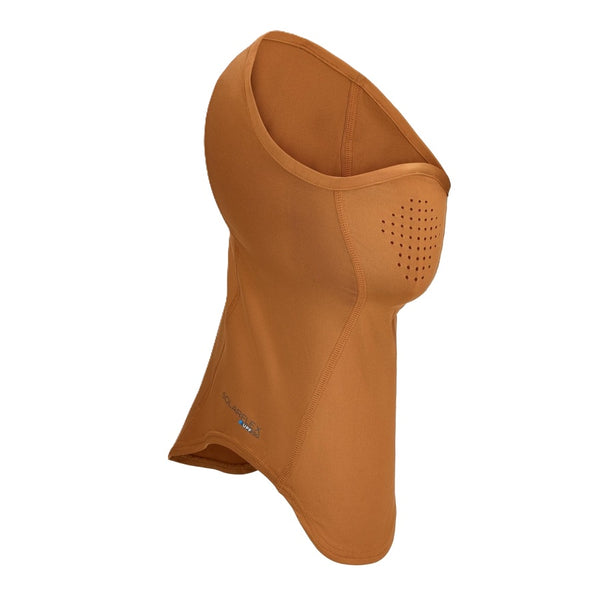 Simms SolarFlex UPF 50+ SunGaiter for covering neck, face and head while fishing, in solid earthenware on a white background.