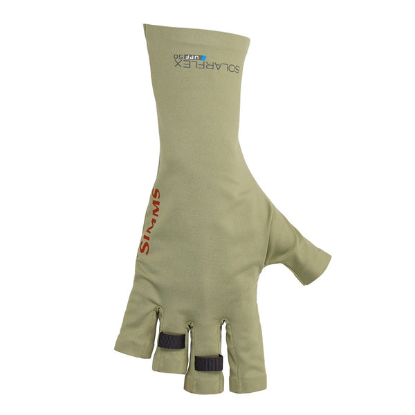 Simms SolarFlex UPF 50+ SunGlove for covering hands while fishing in solid pale pine green on a white background.