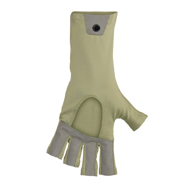 Simms SolarFlex UPF 50+ SunGlove for covering hands while fishing in solid pale pine green on a white background.
