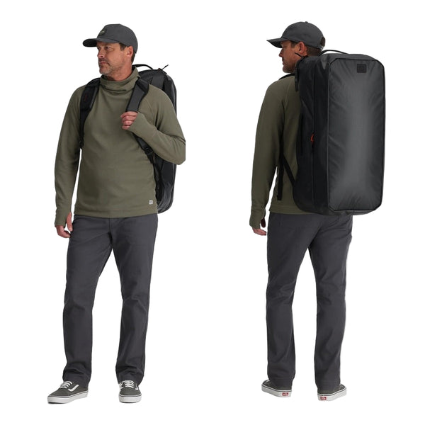 Man wearing a black Simms Tailwaater Duffel as a backpack from front and back views on a white background.