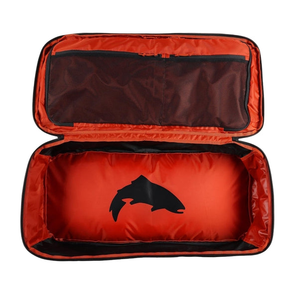 Black Simms Tailwind 80 liter duffel bag with orange interior open on a white background.