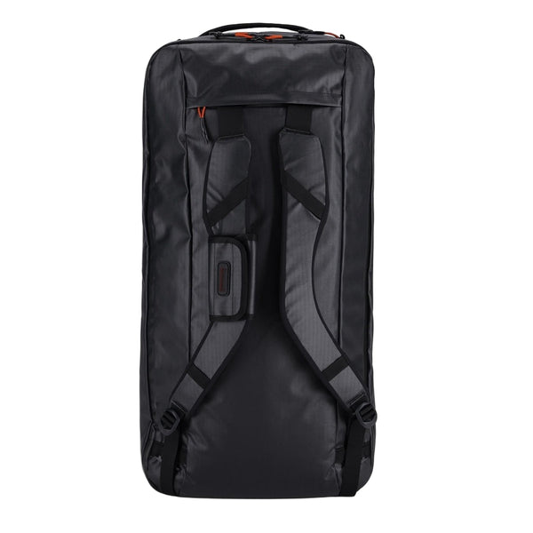 Black Simms Tailwind 80 liter duffel bag with orange zippers on a white background.