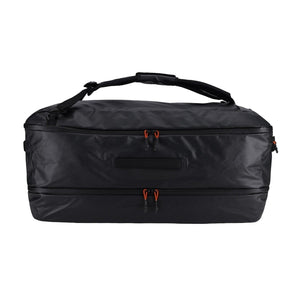 Black Simms Tailwind 80 liter duffel bag with orange zippers on a white background.