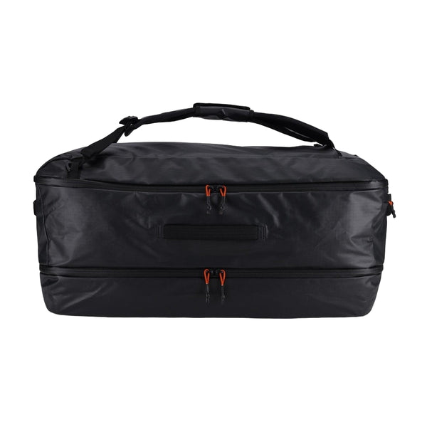 Black Simms Tailwind 80 liter duffel bag with orange zippers on a white background.