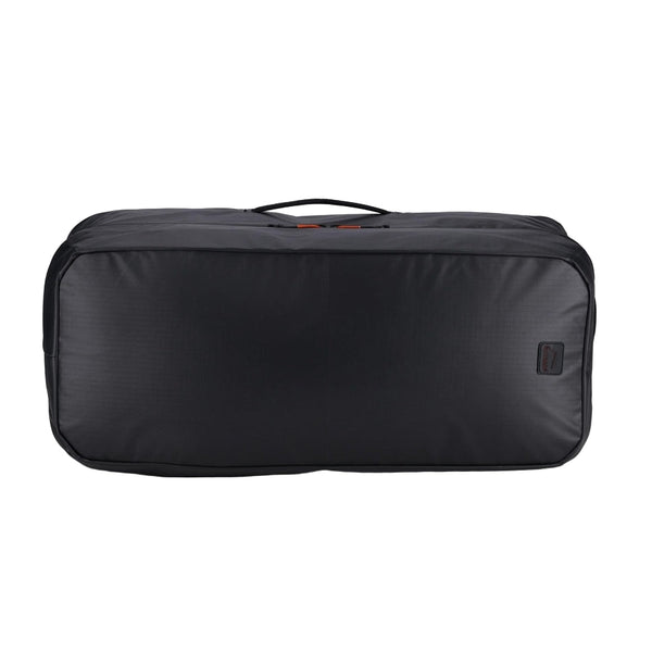 Black Simms Tailwind 80 liter duffel bag with orange zippers on a white background.