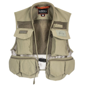 Front of the tan Simms Tributary Fishing Vest with multiple pockets and mesh design on a white background.