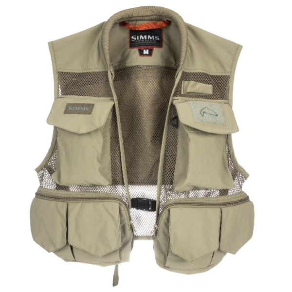 Front of the tan Simms Tributary Fishing Vest with multiple pockets and mesh design on a white background.