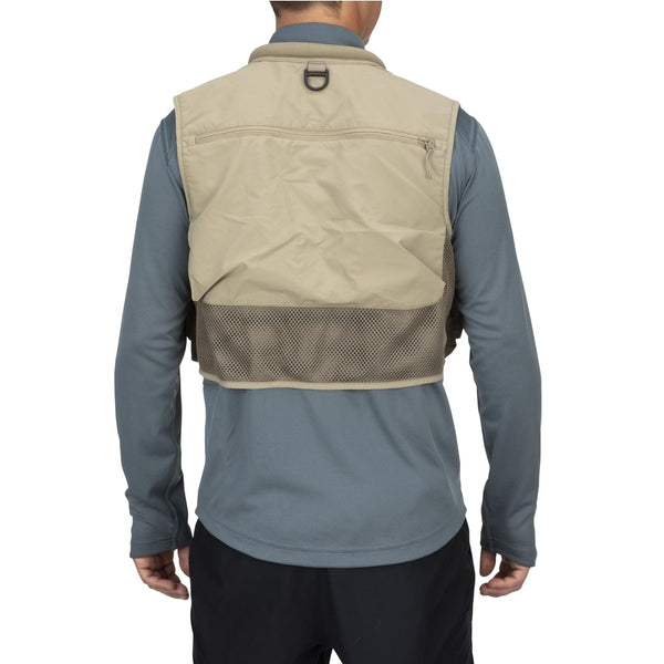Back view of a person wearing the tan Simms Tributary Fishing Vest showing net d ring and mesh design on a white background.