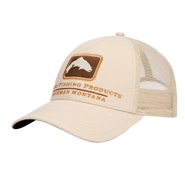 Burnished clay beige Simms Trout Icon Trucker Hat with trout logo on the front, on a white background.