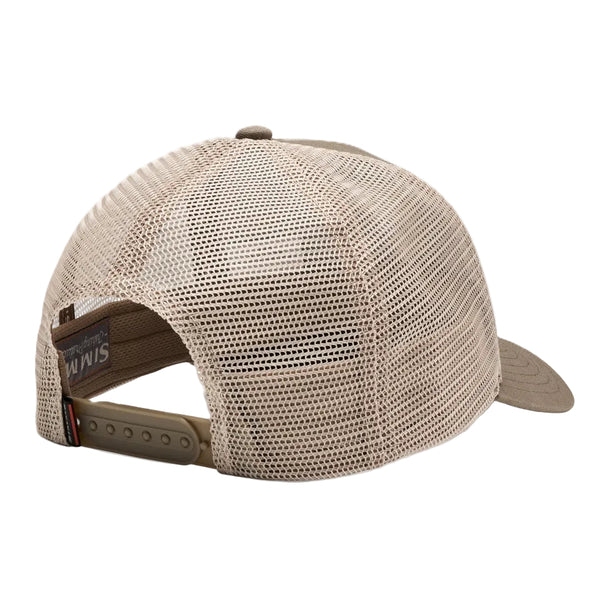 Rear view of a dolomite tan Simms Trout Icon Trucker Hat with trout logo on the front, on a white background.