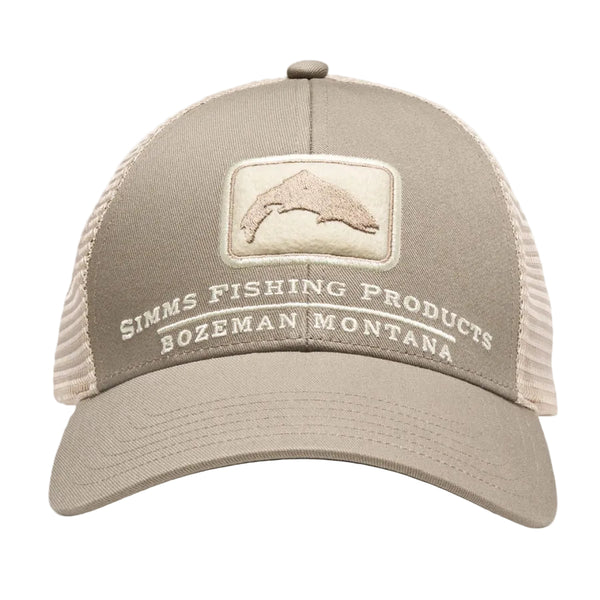 Front view of a dolomite tan Simms Trout Icon Trucker Hat with trout logo on the front, on a white background.