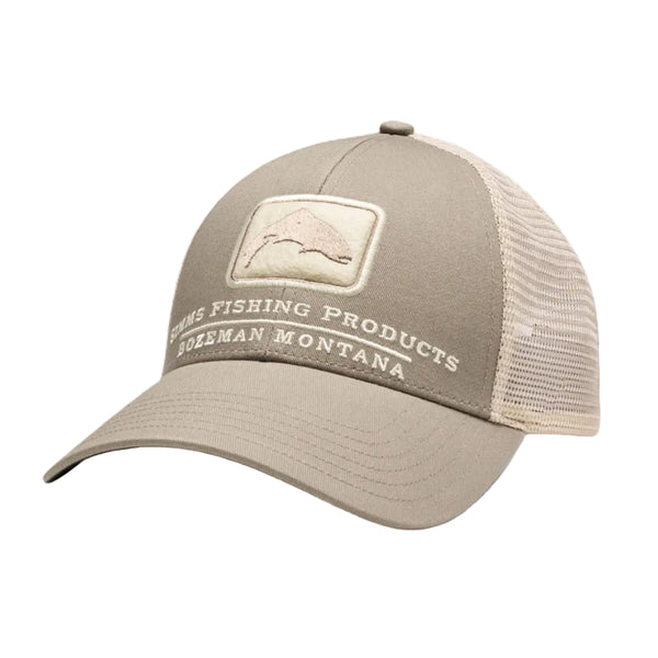 Dolomite tan Simms Trout Icon Trucker Hat with trout logo on the front, on a white background.
