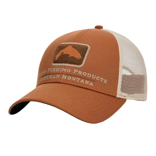 Stonefly brown and beige Simms Trout Icon Trucker Hat with trout logo on the front, on a white background.