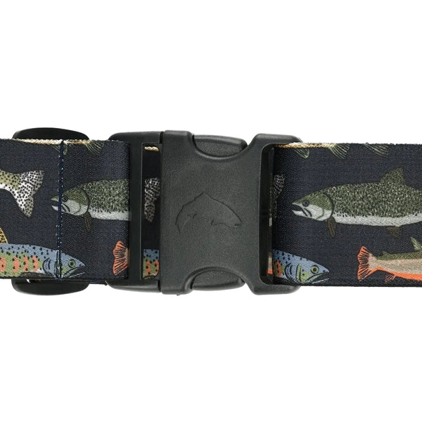 Close up of the buckle on the Simms Trout Parade Wading Belt featuring images of trout and the Simms logo, on a white background.