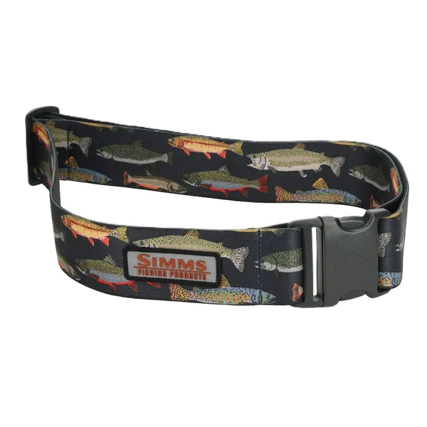 The Simms Trout Parade Wading Belt featuring images of trout and the Simms logo, on a white background.