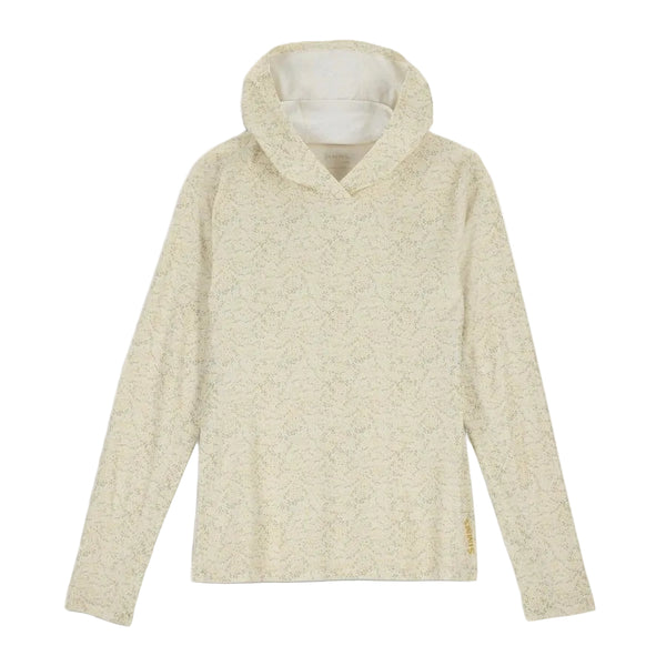 Geo tallow patterned Simms Women's Challenger Solar Hoody shown from the front on a white background.