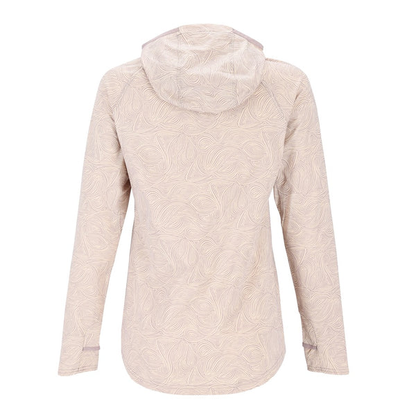A Simms Women's UPF-50+ Solarflex Sun Hoody in swirl heron color, shown from the back against a plain white background.