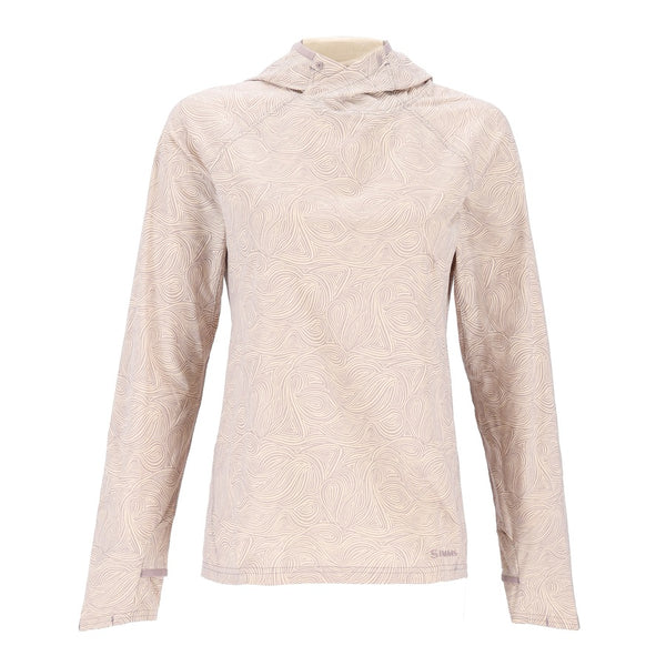 A Simms Women's UPF-50+ Solarflex Sun Hoody in swirl heron color, shown from the front against a plain white background.