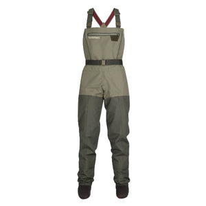 Front view of the Simms Women's Tributary Stockingfoot Waders showing the full length and features on a white background.