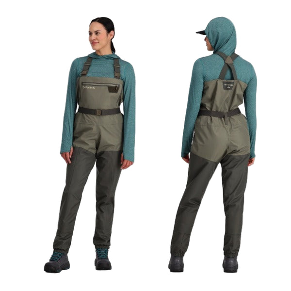 A woman facing forward wearing Simms Women's Tributary Stockingfoot Waders next to the back view showing the waders' fit and belt system on a white background.