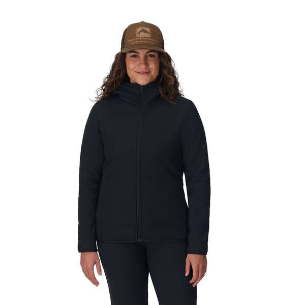 Person wearing the Black Simms Women's Strata 330 Full Zip Fleece Hoody and Pants on a white background.