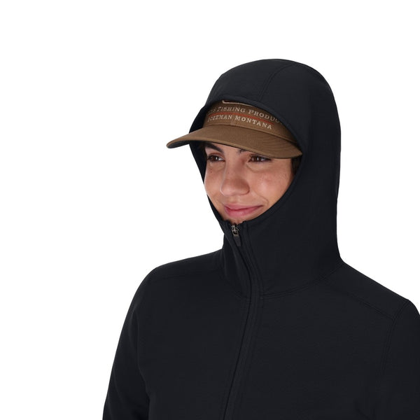 Person wearing the Black Simms Women's Strata 330 Full Zip Fleece Hoody showing hood detail on a white background.