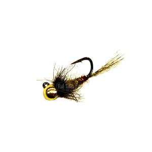A Solitude Fly Company Tungsten Red Butt Jig Nymph for fly fishing in grey and red with a black dubbing collar and gold bead on a white background.