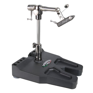 A Stonfo Elite Vise, a high-quality in-line 360° rotary action vise with a stainless steel shaft and adjustable height, on a black steady pedestal base with a built-in tool rack, shown on a white background.