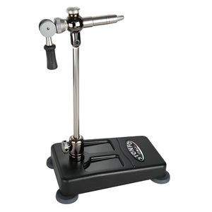 A Stonfo Flylab Lever Vise with adjustable locking lever and interchangeable steel jaws, mounted on a pedestal base with a C-Clamp, shown on a white background.