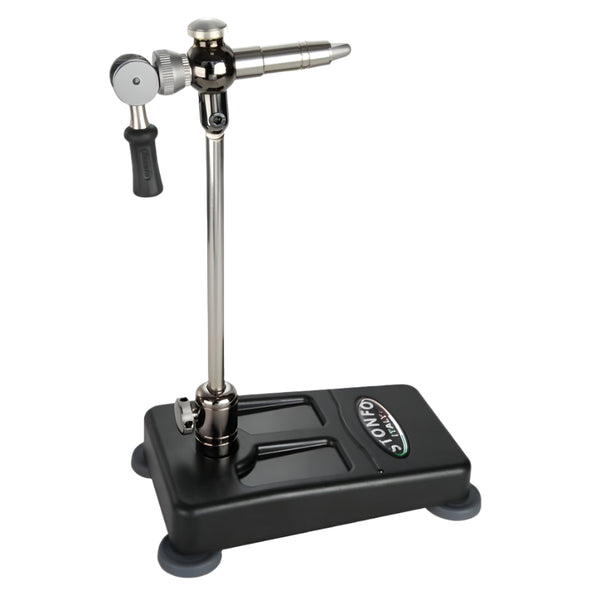 A Stonfo Flylab Lever Vise with adjustable locking lever and interchangeable steel jaws, mounted on a pedestal base with a C-Clamp, shown on a white background.