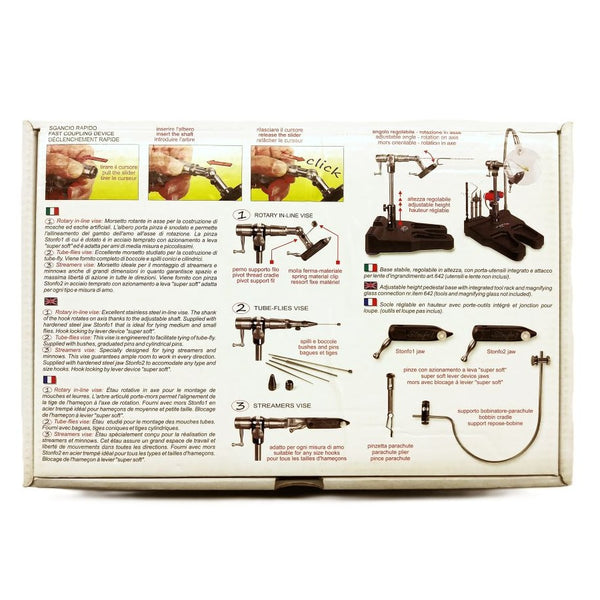 Back side of the Stonfo Transformer Vise Package box showing all the details of what's included with the vise, on a white background.