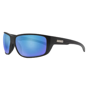 A pair of Suncloud Milestone black-framed polarized sunglasses with blue mirror lenses, on a white background.