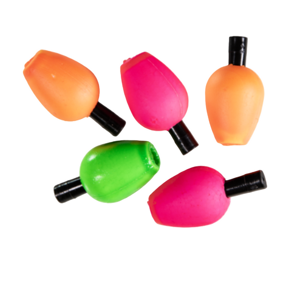 A collection of tapered slip indicators in various sizes and colors, primarily pink, green, and orange, used for fly fishing on lakes, over a white background.
