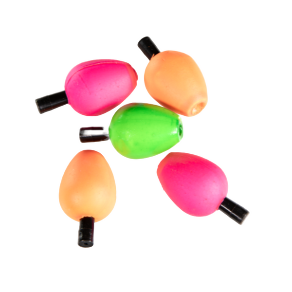 A collection of tapered slip indicators in various sizes and colors, primarily pink, green, and orange, used for fly fishing on lakes, over a white background.