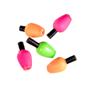 A collection of tapered slip indicators in various sizes and colors, primarily pink, green, and orange, used for fly fishing on lakes, over a white background.
