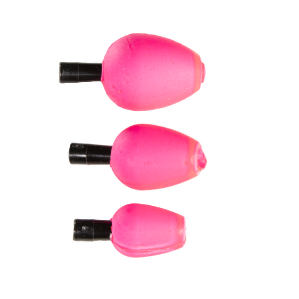 Three tapered slip indicators for fly fishing in pink, highlighting size differences from small to large, over a white background.