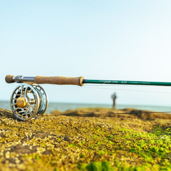 A TFO Blitz Fly Fishing Rod with reel and line on a mossy rock, in front a blurred ocean background.