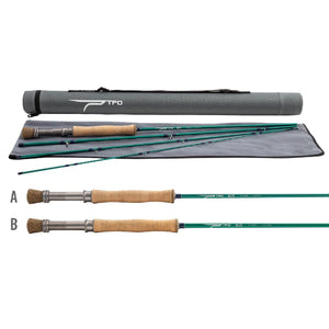 TFO Blitz Fly Fishing Rod in sections with tube and sock, along with two handle designs, on a white background.