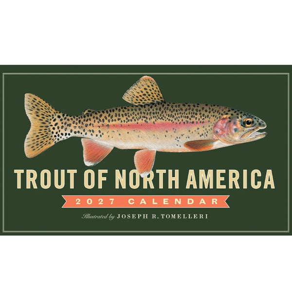 Front cover of a 2027 calendar titled "Trout of North America," featuring an illustrated trout on a dark green background with cream text and a coral banner.
