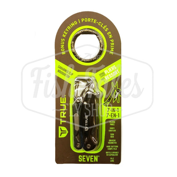 A packaged True North 7-in-1 Pliers Keychain shown against a plain white background with Fish Tales logo watermark.