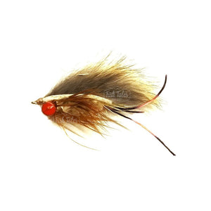 An Umpqua Blind Crab Saltwater Fly with brown materials and red/orange heavy barbell eyes on a white background.