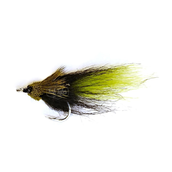 A green and black Umpqua Fishalicious Streamer on a white background.