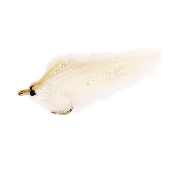 A white Umpqua Fishalicious Streamer on a white background.
