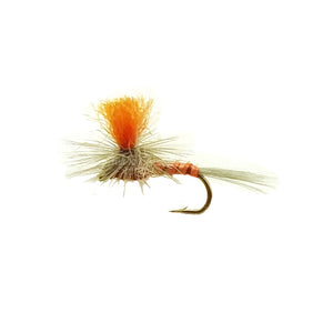 Profile Spinner Dry fly with orange and beige materials on a white background.