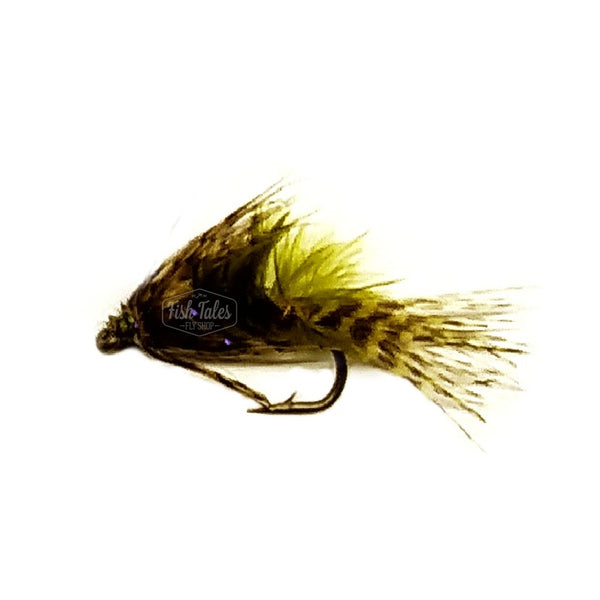 An Umpqua Flies Thurman Slow Water Nymph for fly fishing in olive green on a white background.