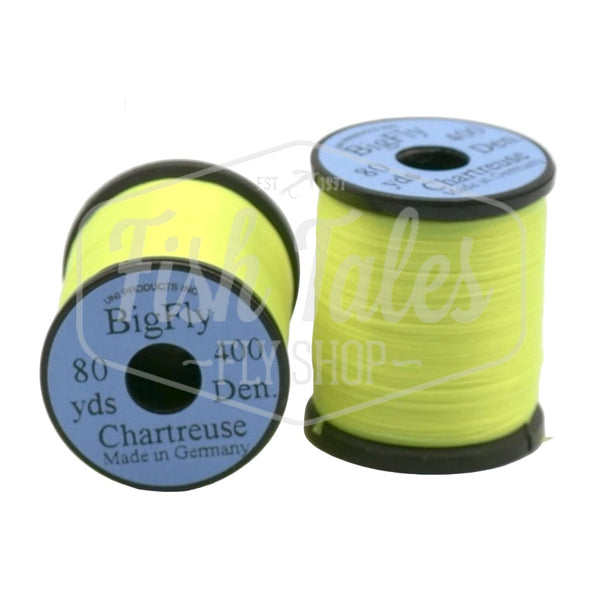 Two spools of UNI Big Fly Chartreuse fly tying thread on a white background.